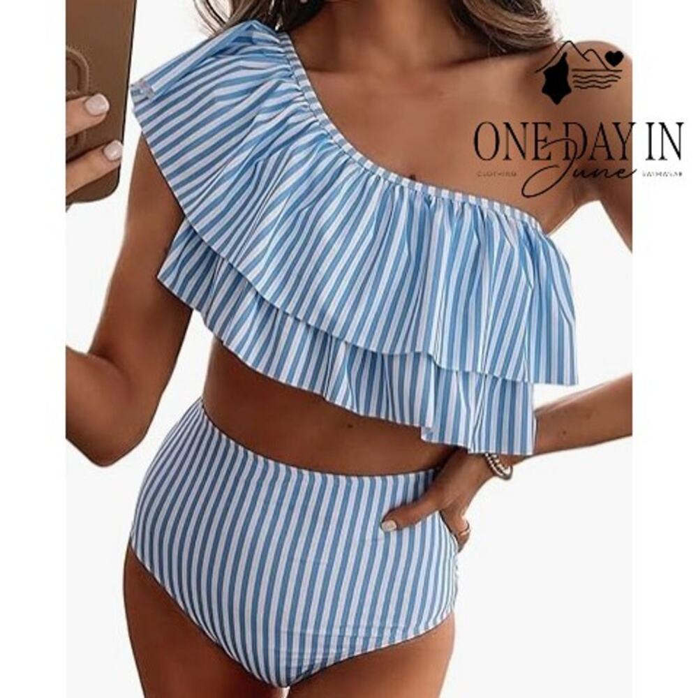 Vimpunec One Shoulder Ruffle High Waist Bikini Blue Stripe NWT Size M